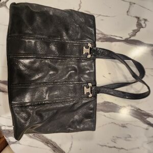 Tory Burch Black Leather Logo Interior Lined Large Tote Bag